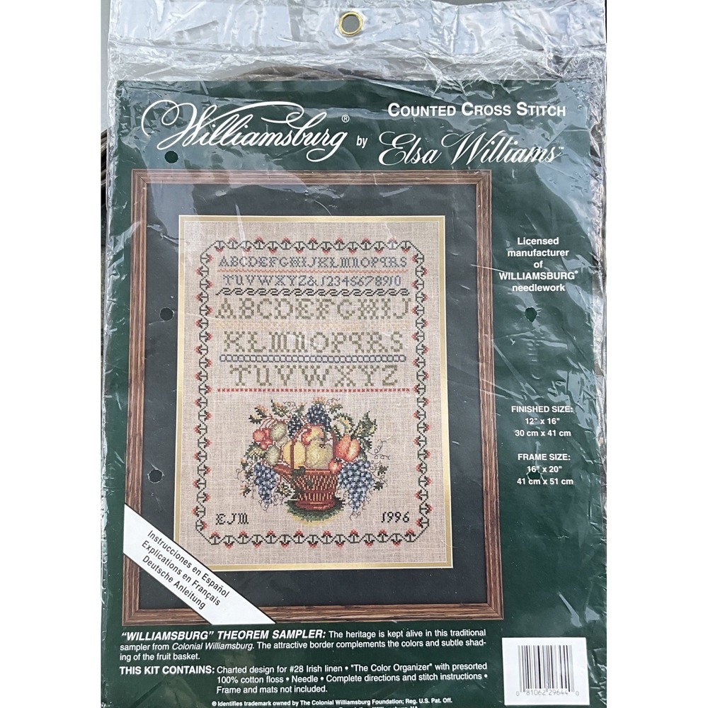 Vintage Elsa Williams Williamsburg Theorem Sampler Cross Stitch Kit 29644 1996